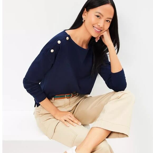 LOFT Tops - Ann Taylor Loft Harbor Gold Button Detail Top Size M Medium NWT Navy